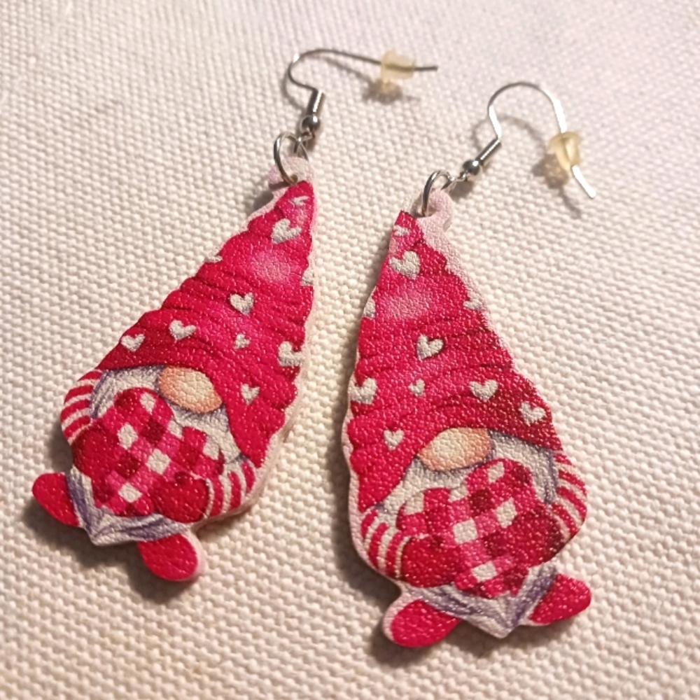 Cute Handmade Gnome Earrings with Red Hearts 2 inches long.